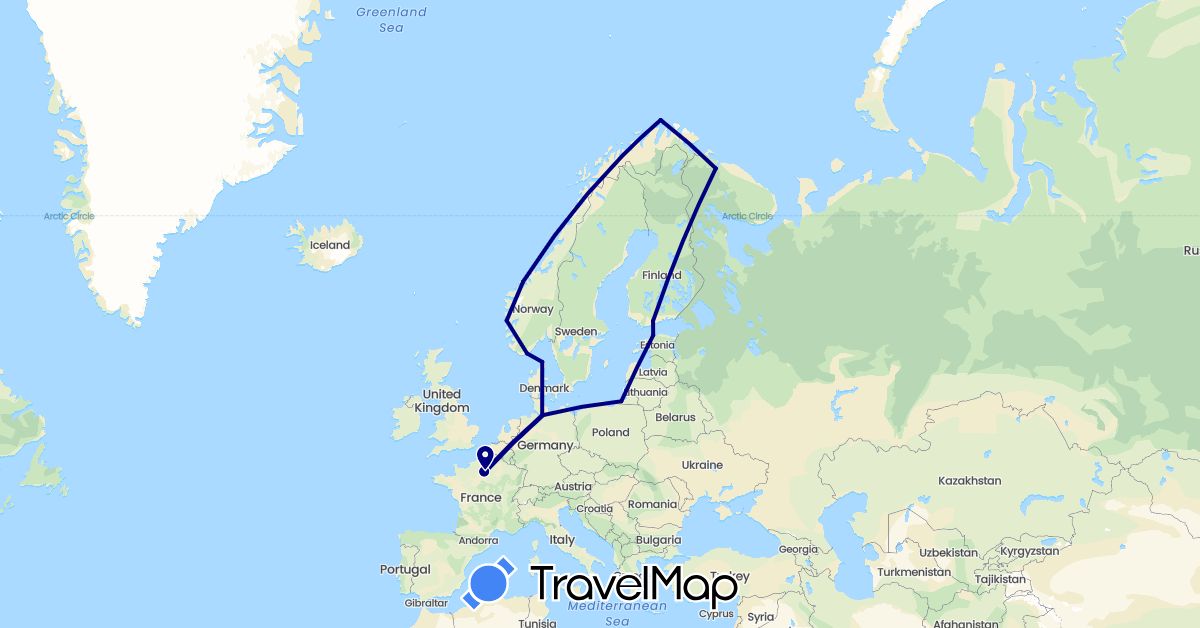 TravelMap itinerary: driving in Germany, Denmark, Estonia, Finland, France, Norway, Russia (Europe)